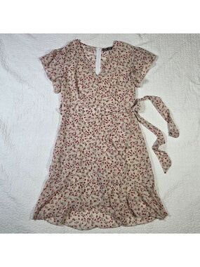 Shein Floral Print Flutter Sleeve Faux Wrap Dress